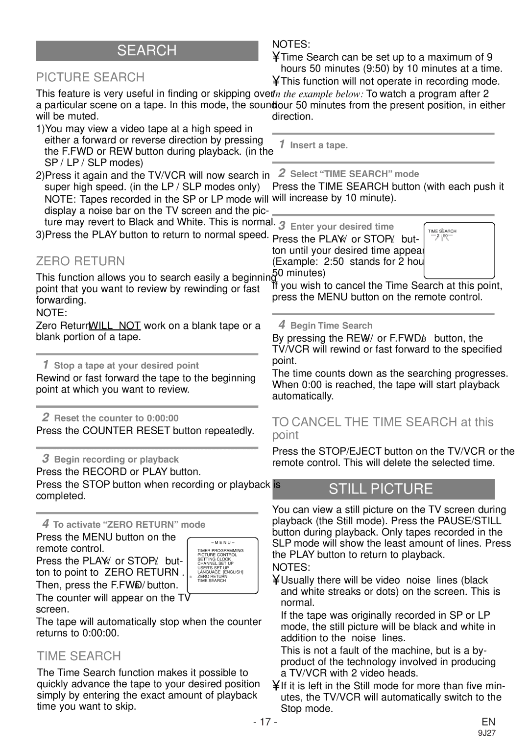 Sylvania 6309CE owner manual Still Picture, Picture Search, Zero Return, Time Search 