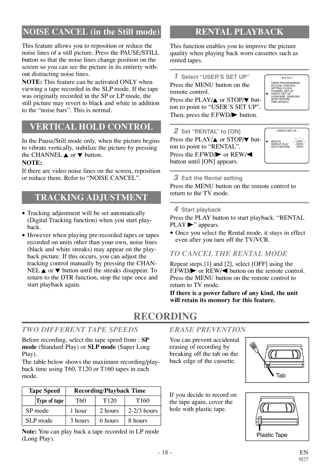 Sylvania 6309CE owner manual Recording, Rental Playback, Vertical Hold Control, Tracking Adjustment 