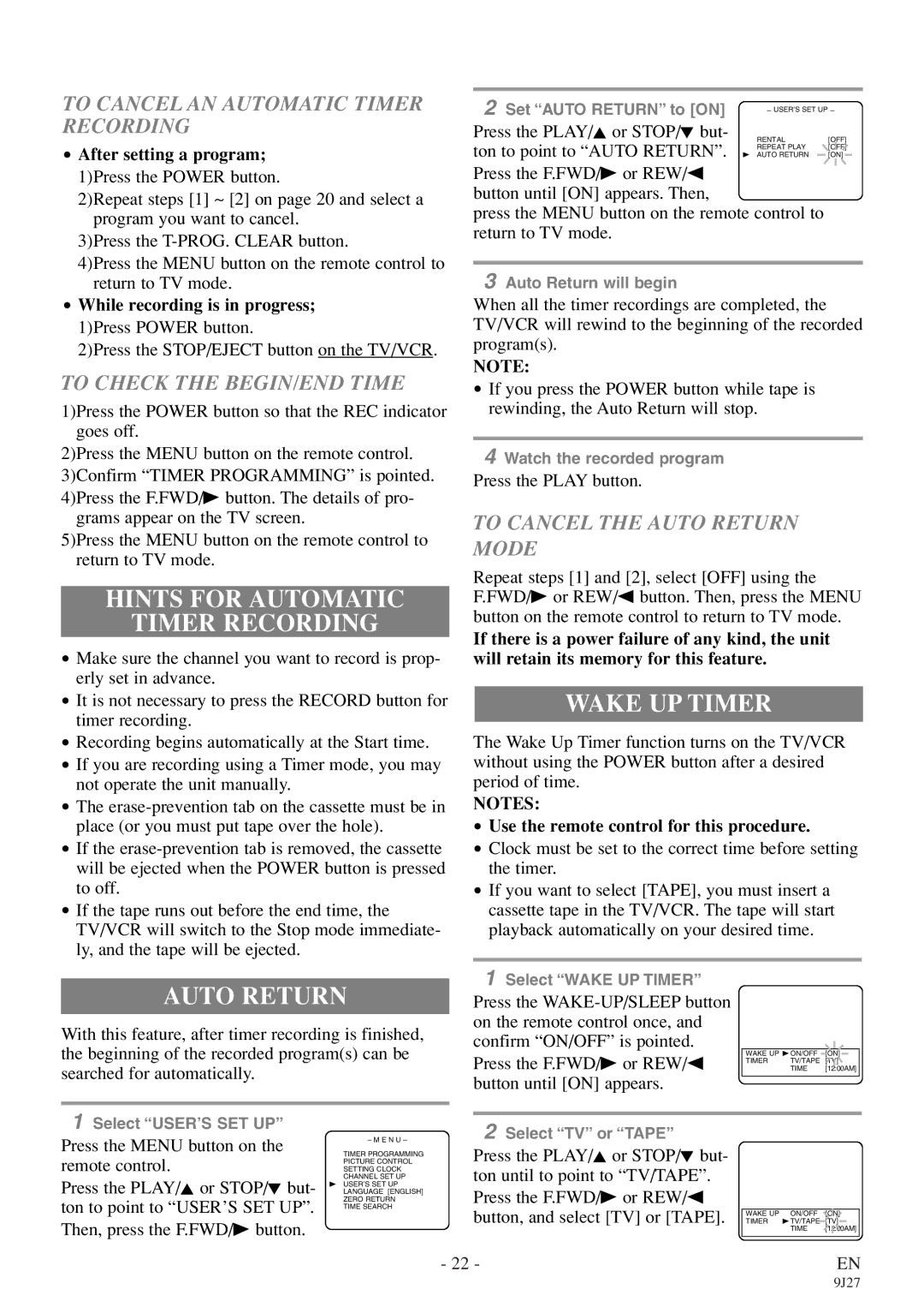 Sylvania 6309CE owner manual Hints for Automatic Timer Recording, Wake UP Timer, Auto Return 