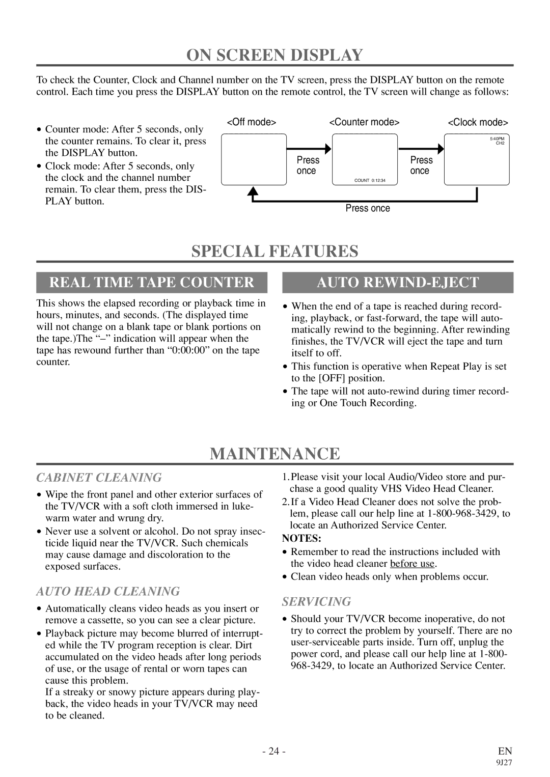 Sylvania 6309CE owner manual On Screen Display, Special Features, Maintenance, Real Time Tape Counter, Auto REWIND-EJECT 