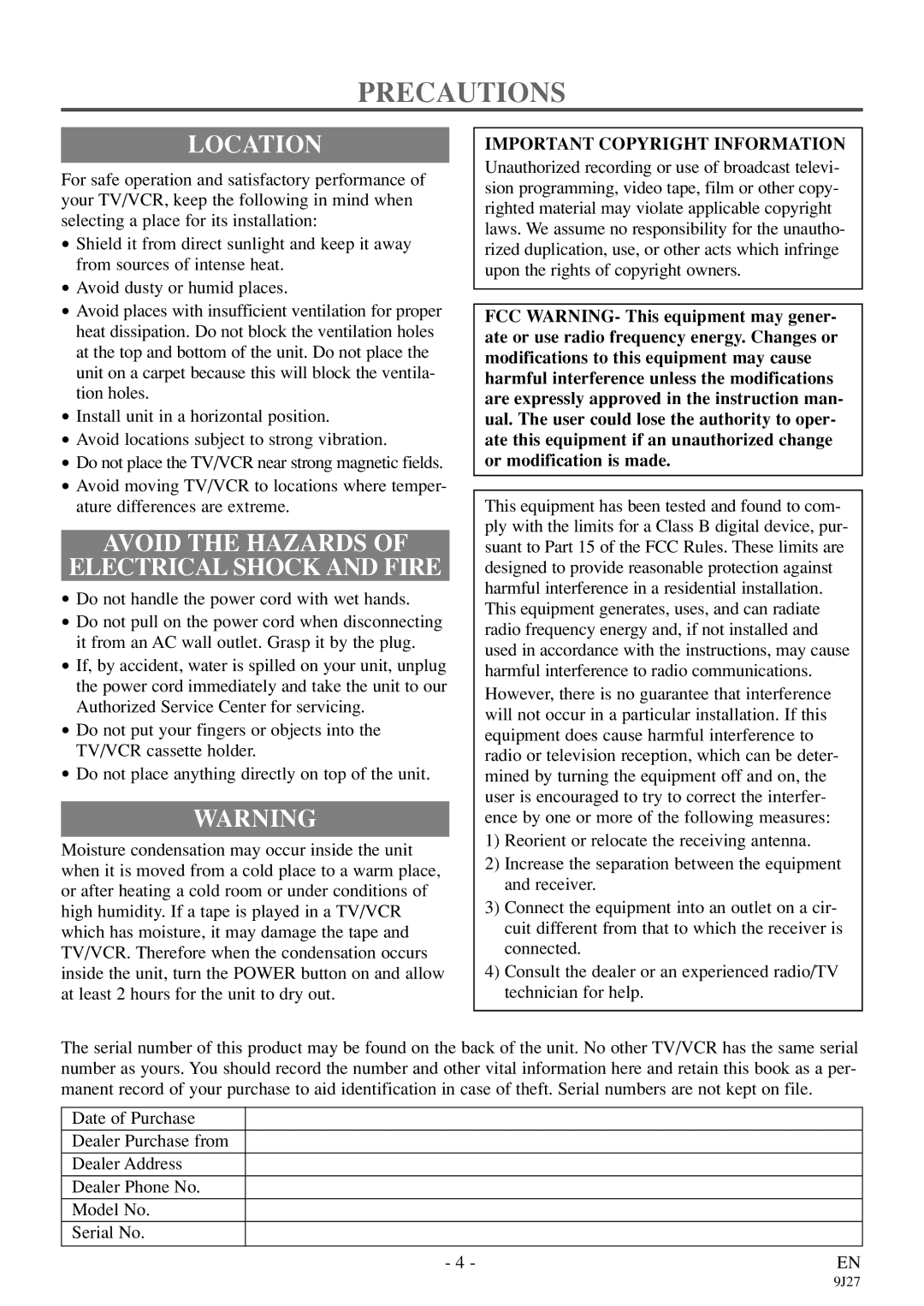 Sylvania 6309CE Precautions, Location, Avoid the Hazards Electrical Shock and Fire, Important Copyright Information 