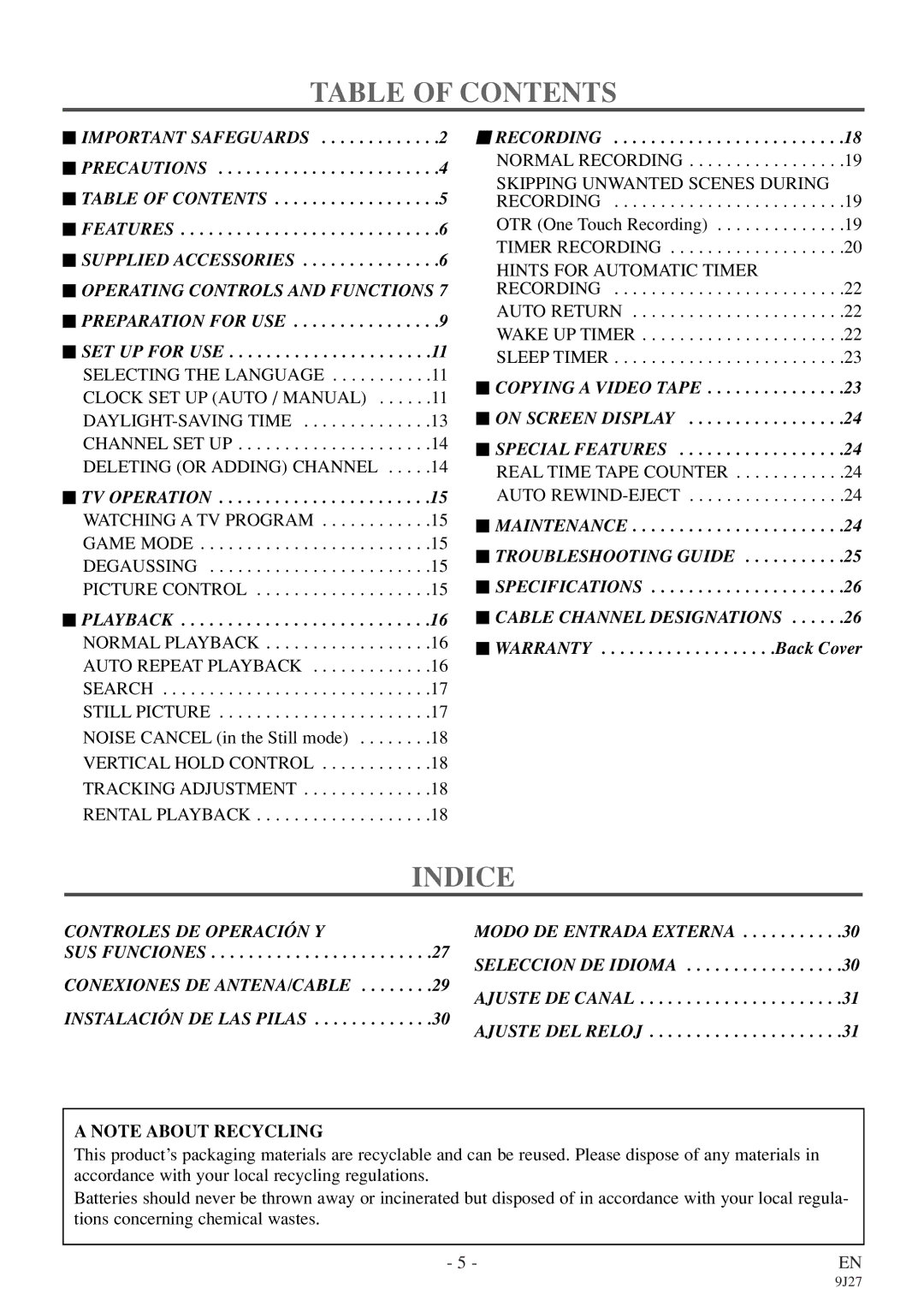 Sylvania 6309CE owner manual Table of Contents, Indice 