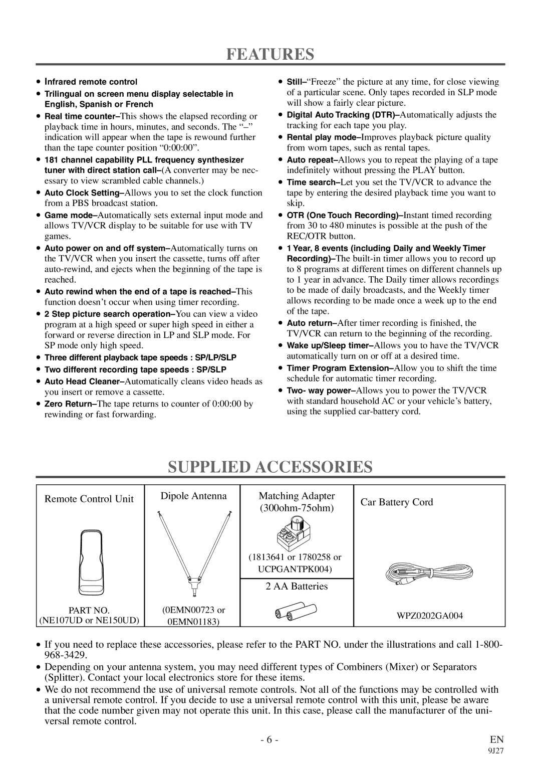 Sylvania 6309CE owner manual Features, Supplied Accessories 