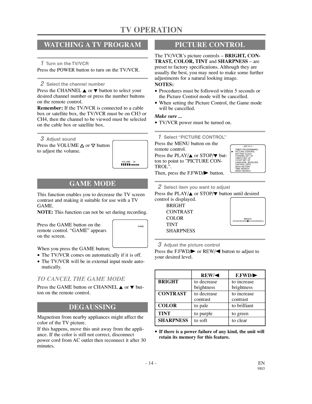 Sylvania 63134C, 63194C owner manual TV Operation, Watching a TV Program, Picture Control, Game Mode, Degaussing 