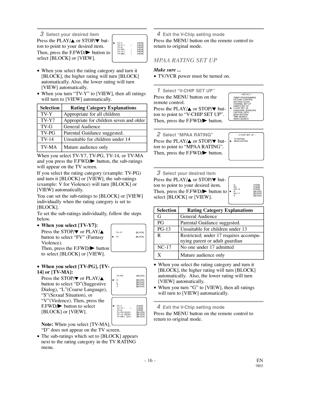 Sylvania 63134C, 63194C Mpaa Rating SET UP, Selection Rating Category Explanations, When you select TV-PG, TV Or TV-MA 