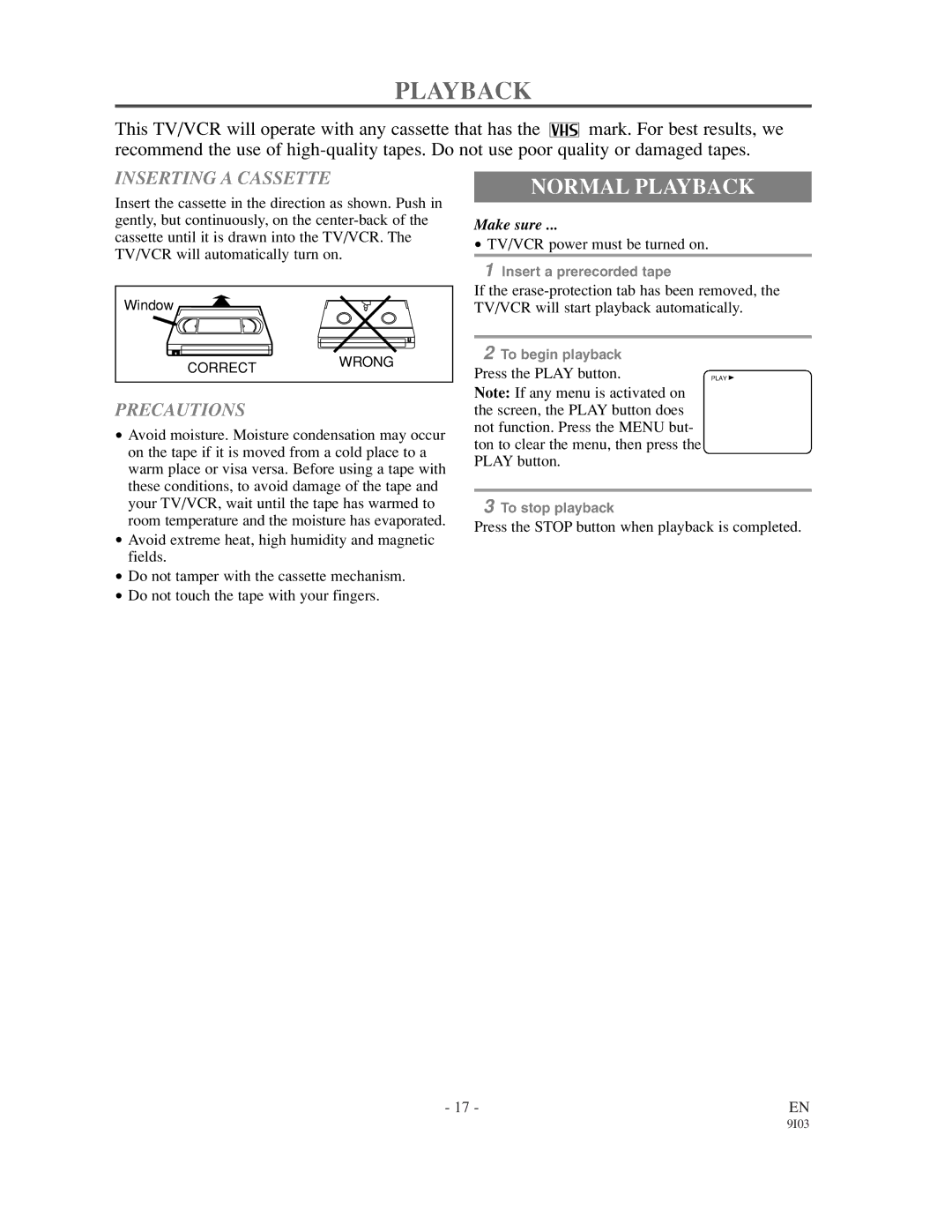 Sylvania 63134C, 63194C owner manual Normal Playback, Inserting a Cassette, Precautions 