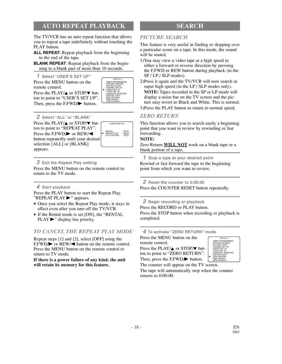 Sylvania 63134C, 63194C owner manual Auto Repeat Playback, Picture Search, Zero Return, To Cancel the Repeat Play Mode 