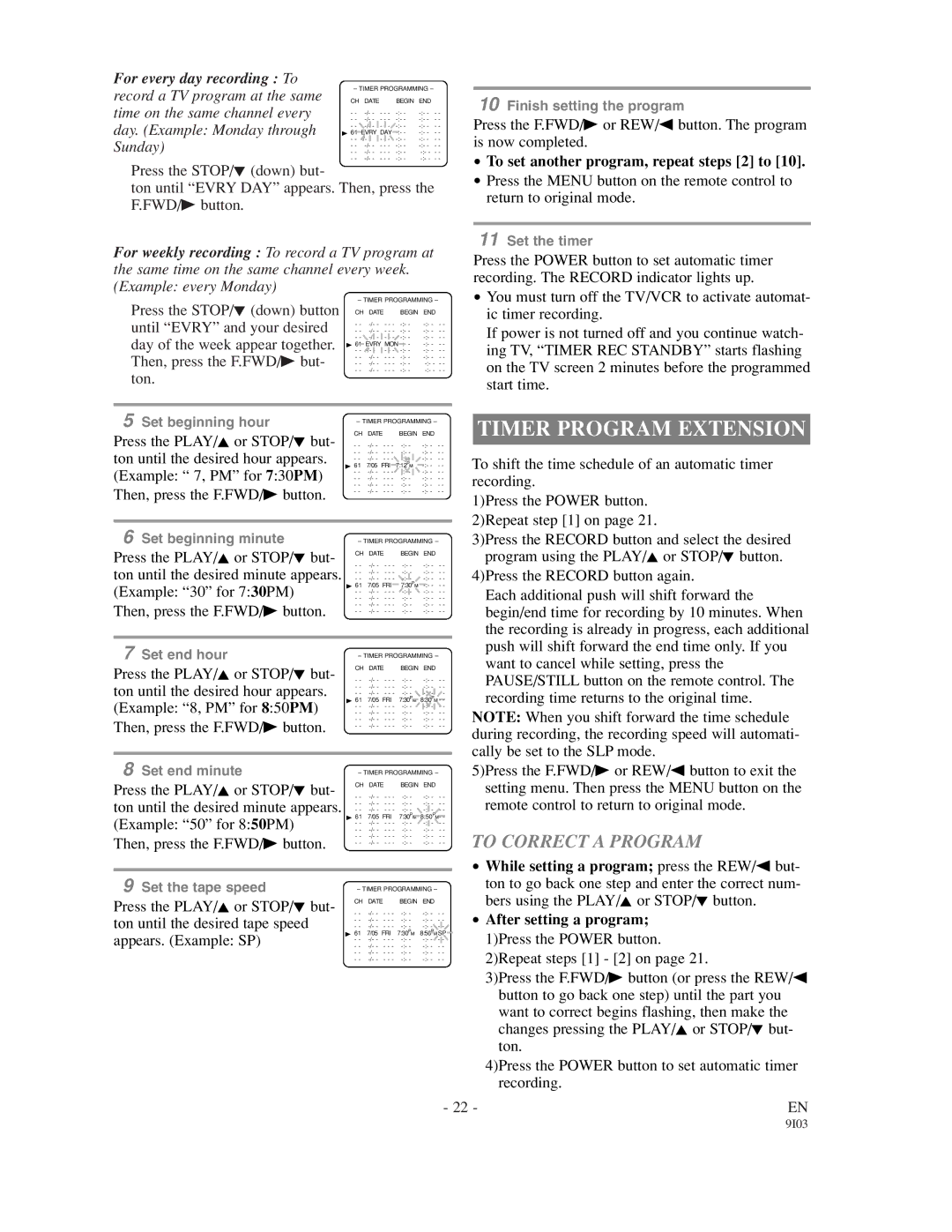 Sylvania 63134C, 63194C Timer Program Extension, To Correct a Program, To set another program, repeat steps 2 to 