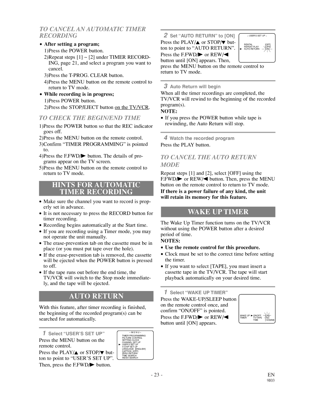 Sylvania 63134C, 63194C owner manual Hints for Automatic Timer Recording, Wake UP Timer, Auto Return 