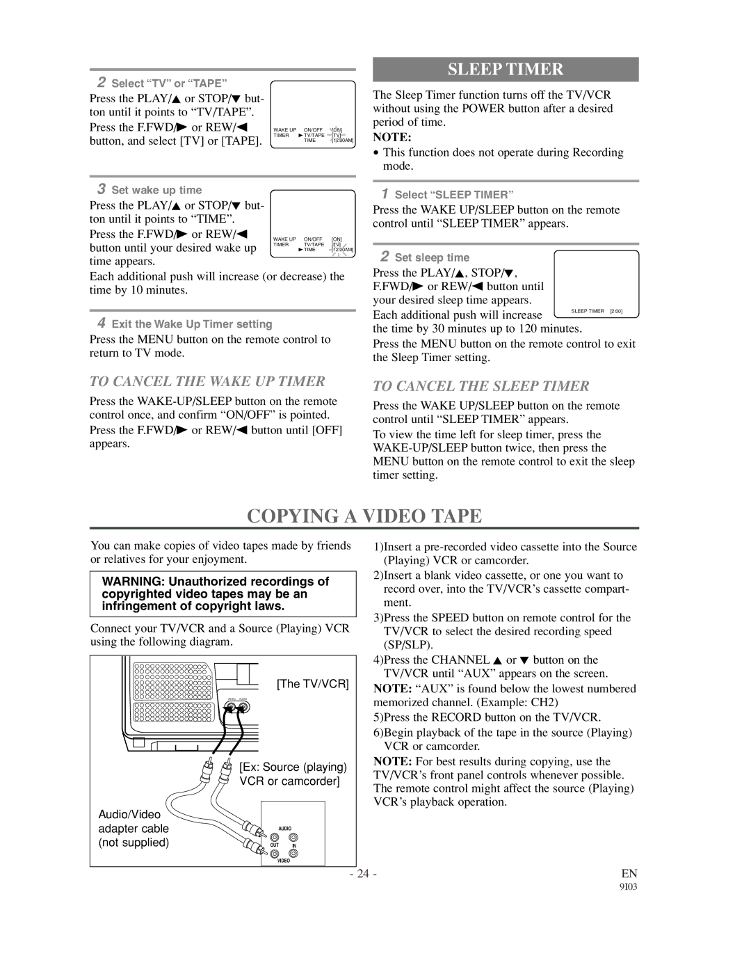 Sylvania 63134C, 63194C owner manual Copying a Video Tape, To Cancel the Wake UP Timer, To Cancel the Sleep Timer 