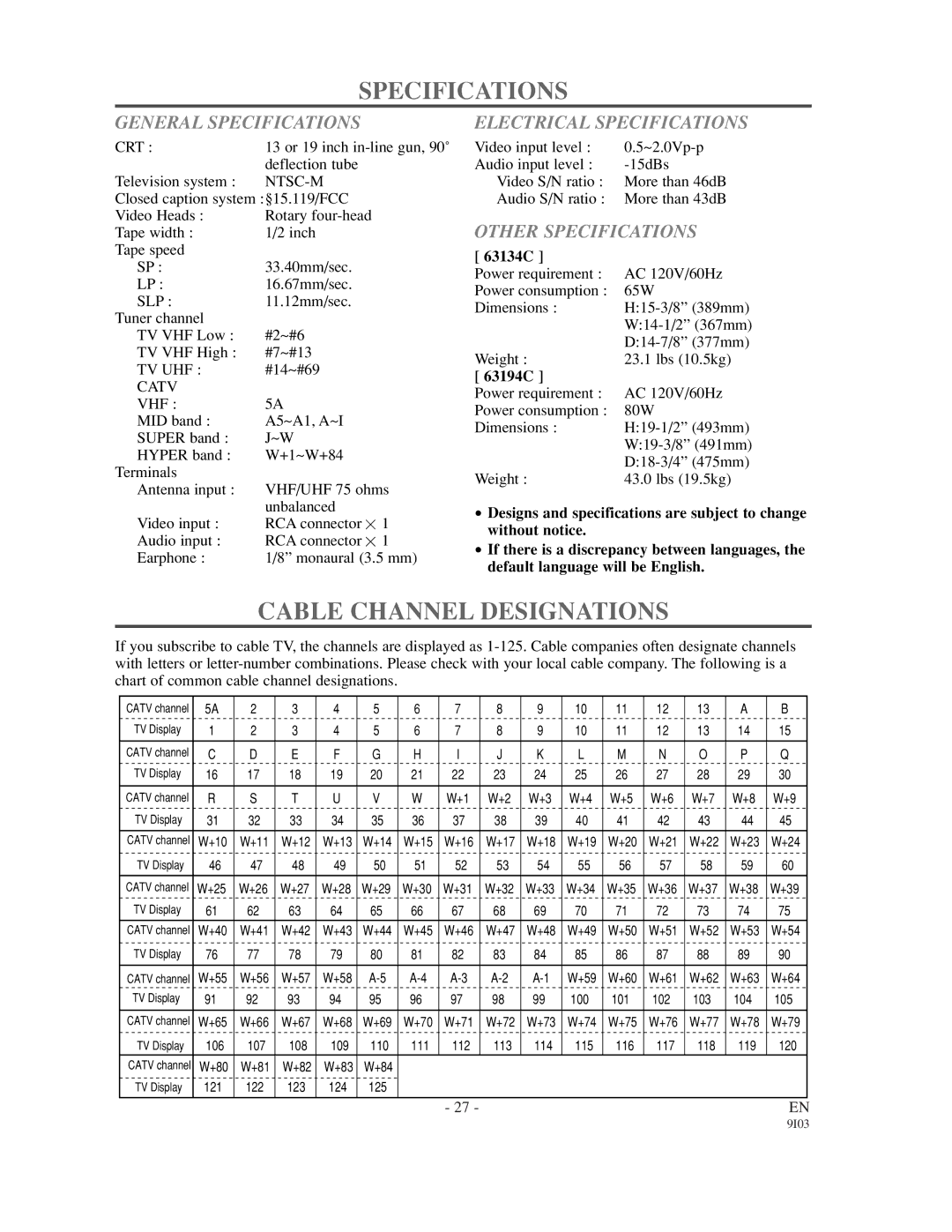 Sylvania 63134C, 63194C owner manual Cable Channel Designations, General Specifications, Electrical Specifications 