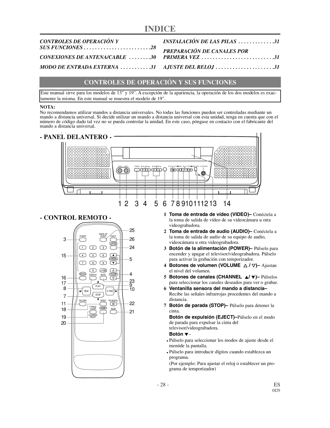 Sylvania 63134C, 63194C owner manual Indice, Controles DE Operación Y SUS Funciones 