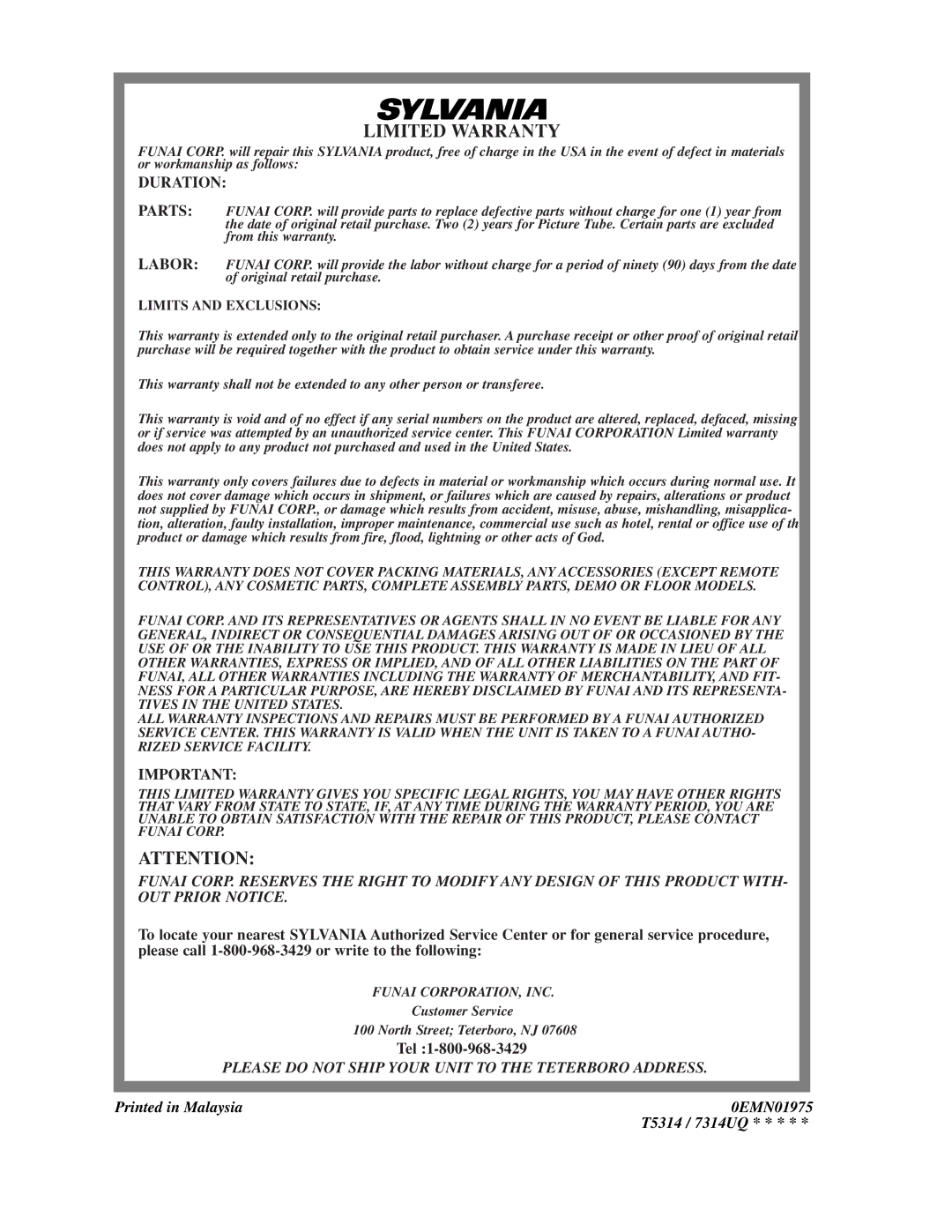 Sylvania 63134C, 63194C owner manual Duration, Tel, Please do not Ship Your Unit to the Teterboro Address 