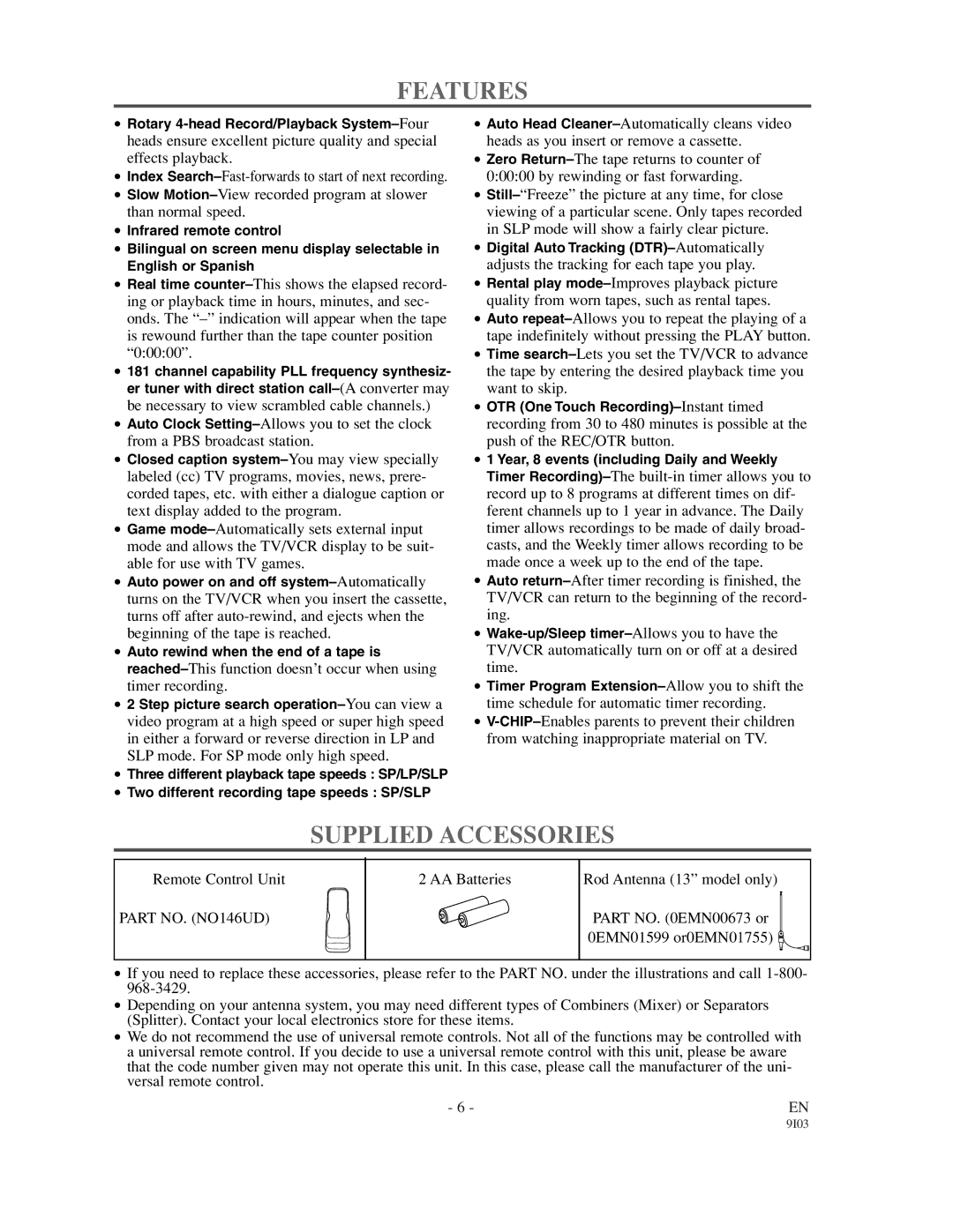 Sylvania 63134C, 63194C owner manual Features, Supplied Accessories, Part NO. NO146UD 