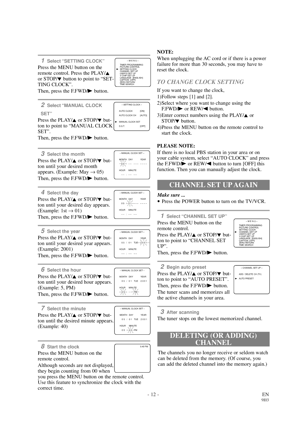 Sylvania 6313CB, 6319CB owner manual Channel SET UP Again, Deleting or Adding Channel, To Change Clock Setting, Please Note 