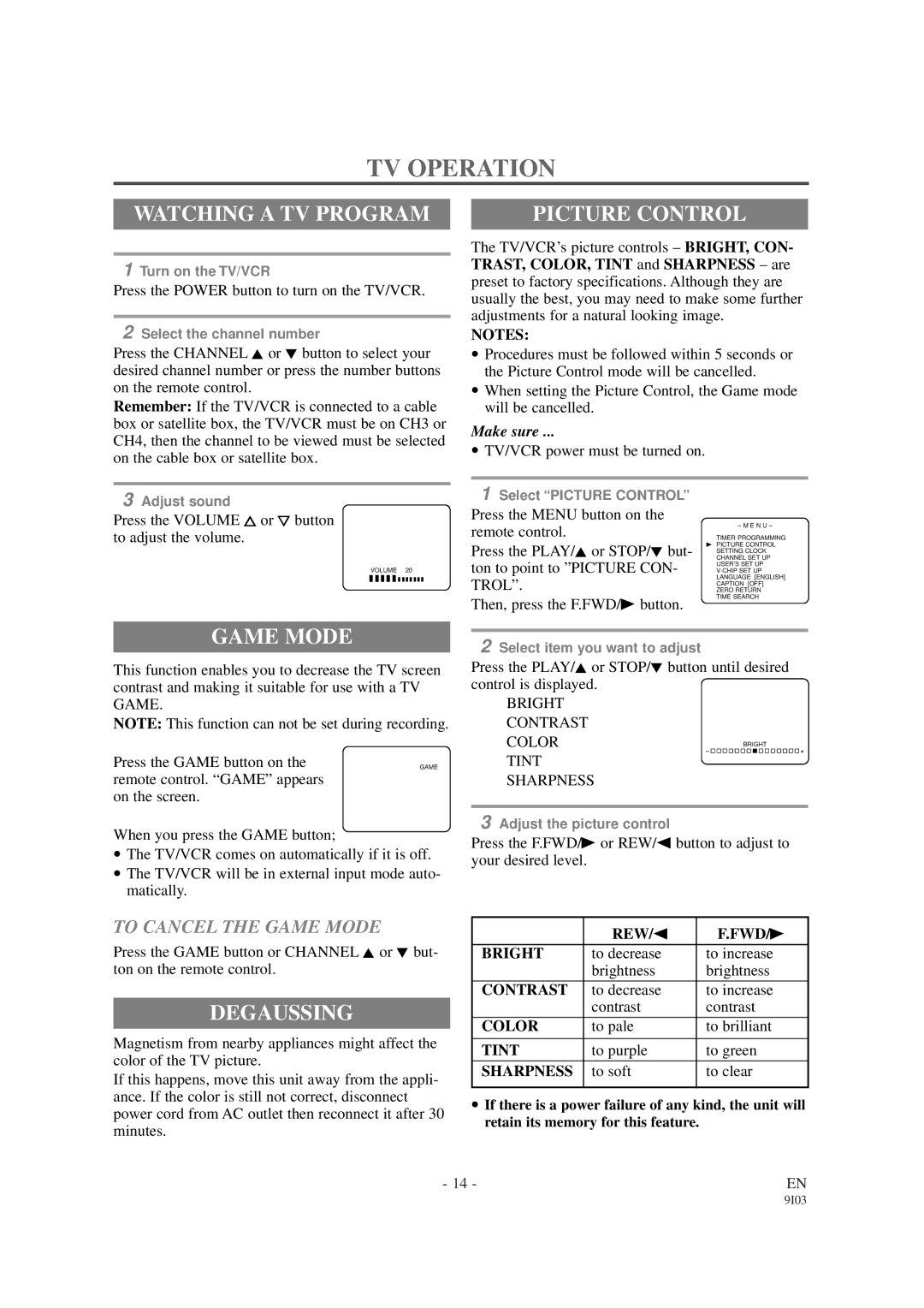 Sylvania 6313CB, 6319CB owner manual TV Operation, Watching a TV Program, Picture Control, Game Mode, Degaussing 