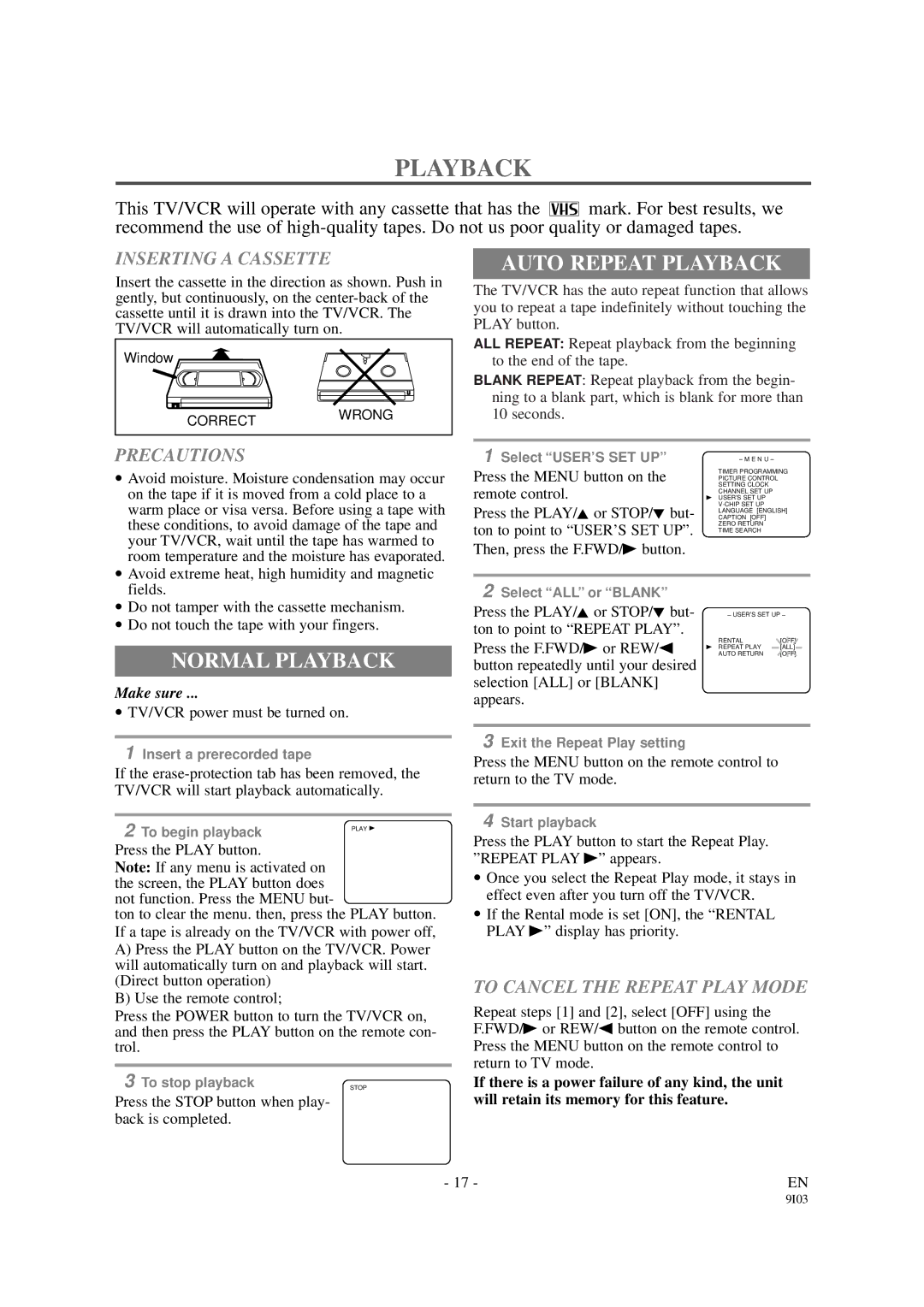 Sylvania 6313CB, 6319CB owner manual Auto Repeat Playback, Normal Playback 