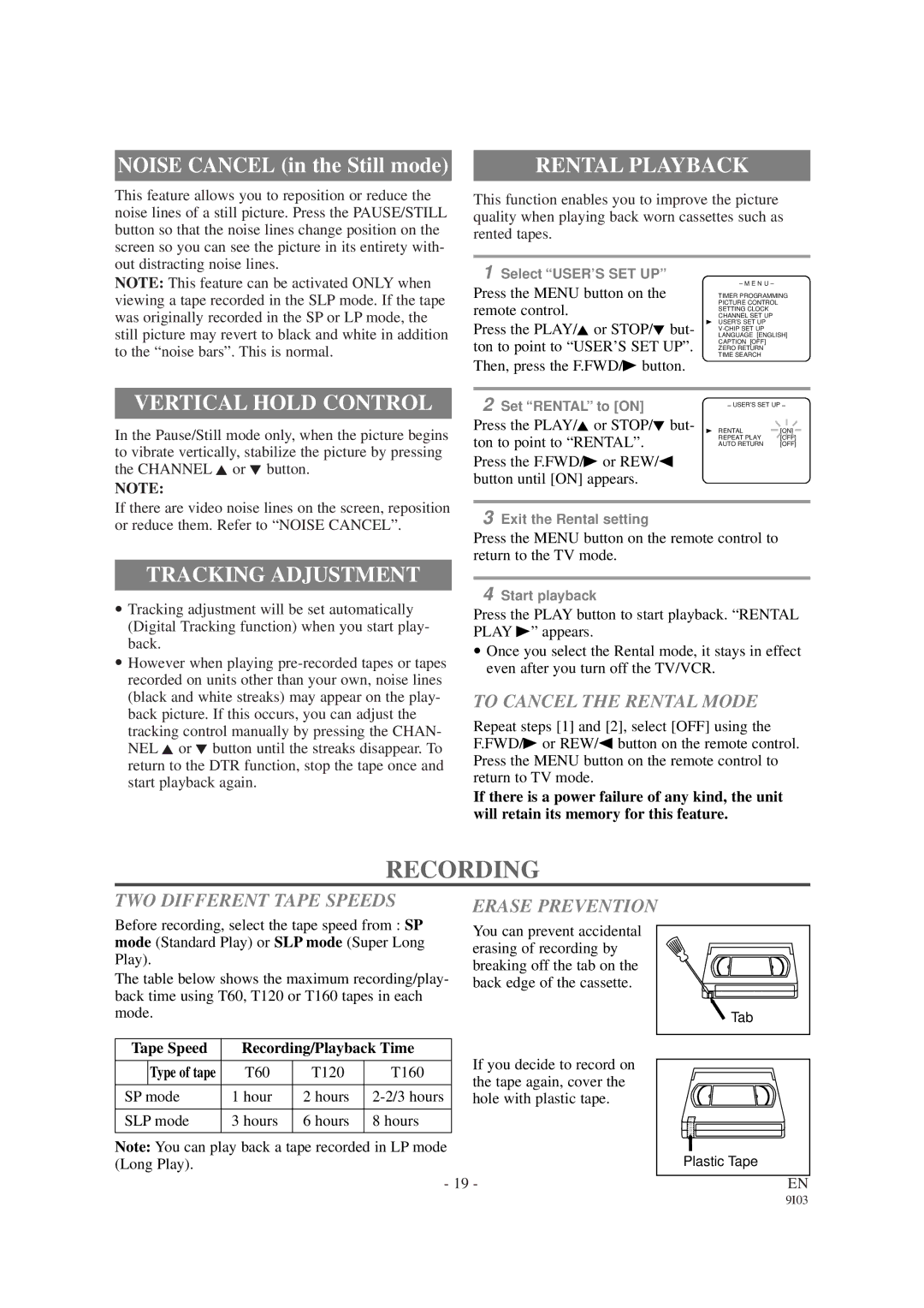 Sylvania 6313CB, 6319CB owner manual Recording, Vertical Hold Control, Tracking Adjustment, Rental Playback 