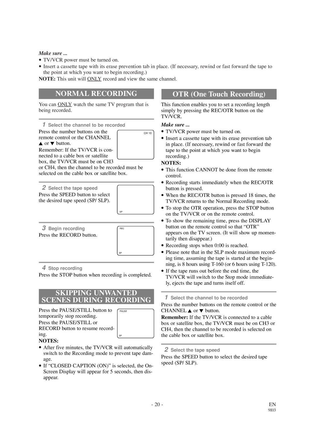 Sylvania 6313CB, 6319CB owner manual Normal Recording, Skipping Unwanted Scenes During Recording 