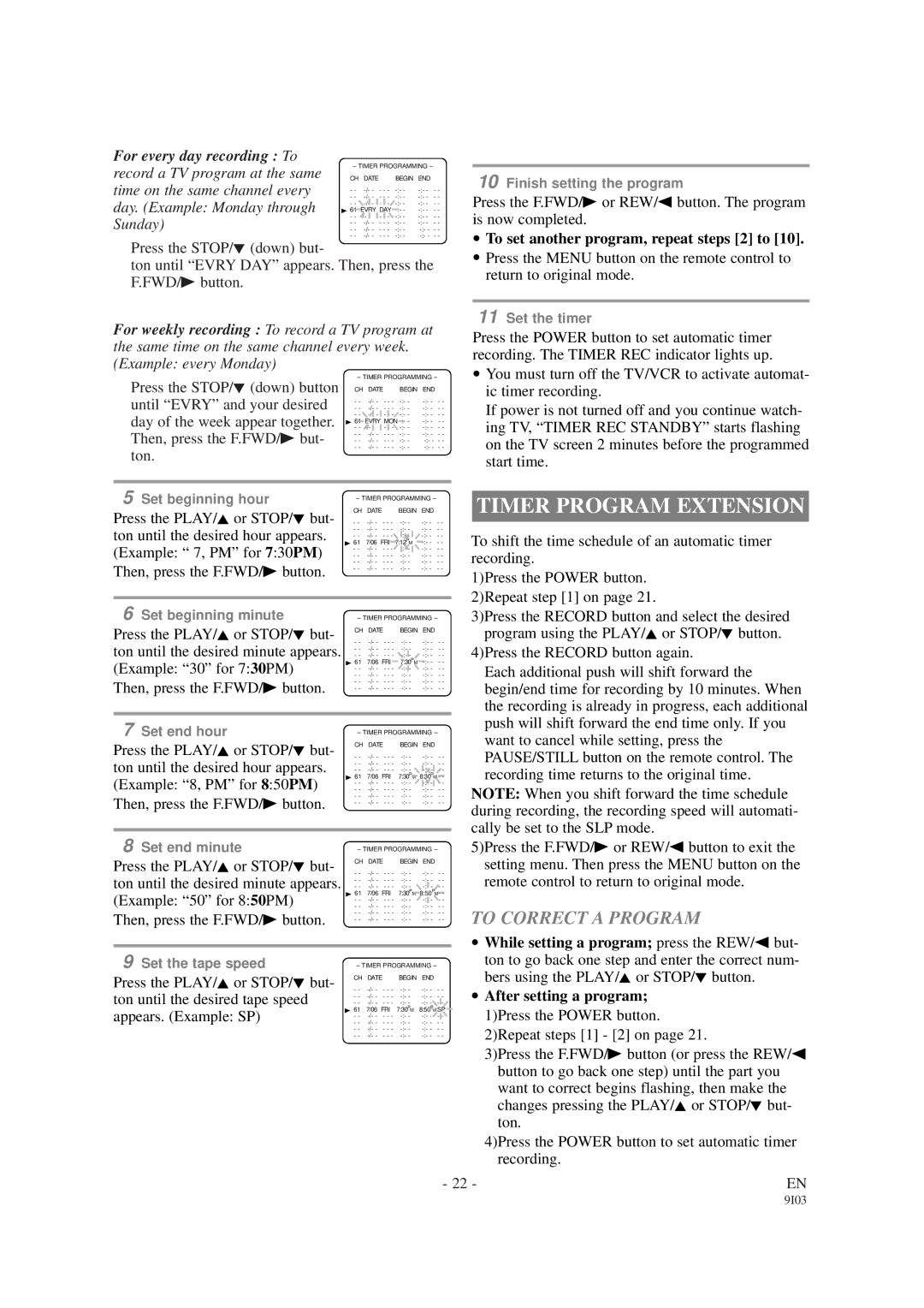 Sylvania 6313CB, 6319CB Timer Program Extension, To Correct a Program, To set another program, repeat steps 2 to 