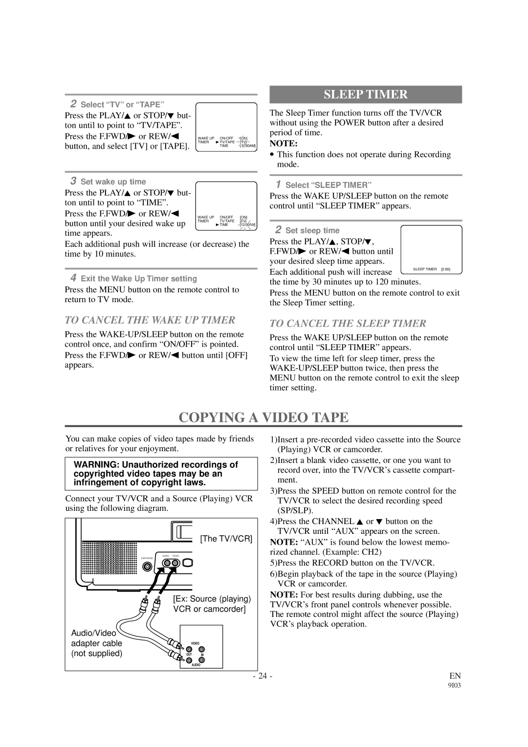 Sylvania 6313CB, 6319CB owner manual Copying a Video Tape, To Cancel the Wake UP Timer, To Cancel the Sleep Timer 