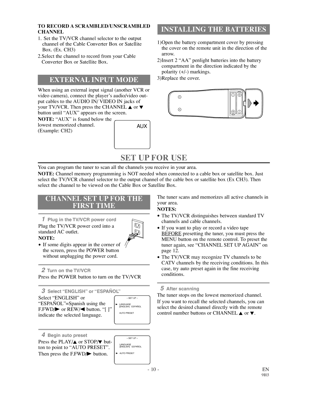 Sylvania 6313CC owner manual SET UP for USE, External Input Mode, Installing the Batteries, Channel SET UP for First Time 