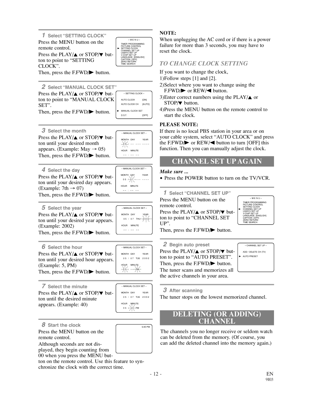 Sylvania 6313CC owner manual Channel SET UP Again, Deleting or Adding Channel, To Change Clock Setting, Please Note 