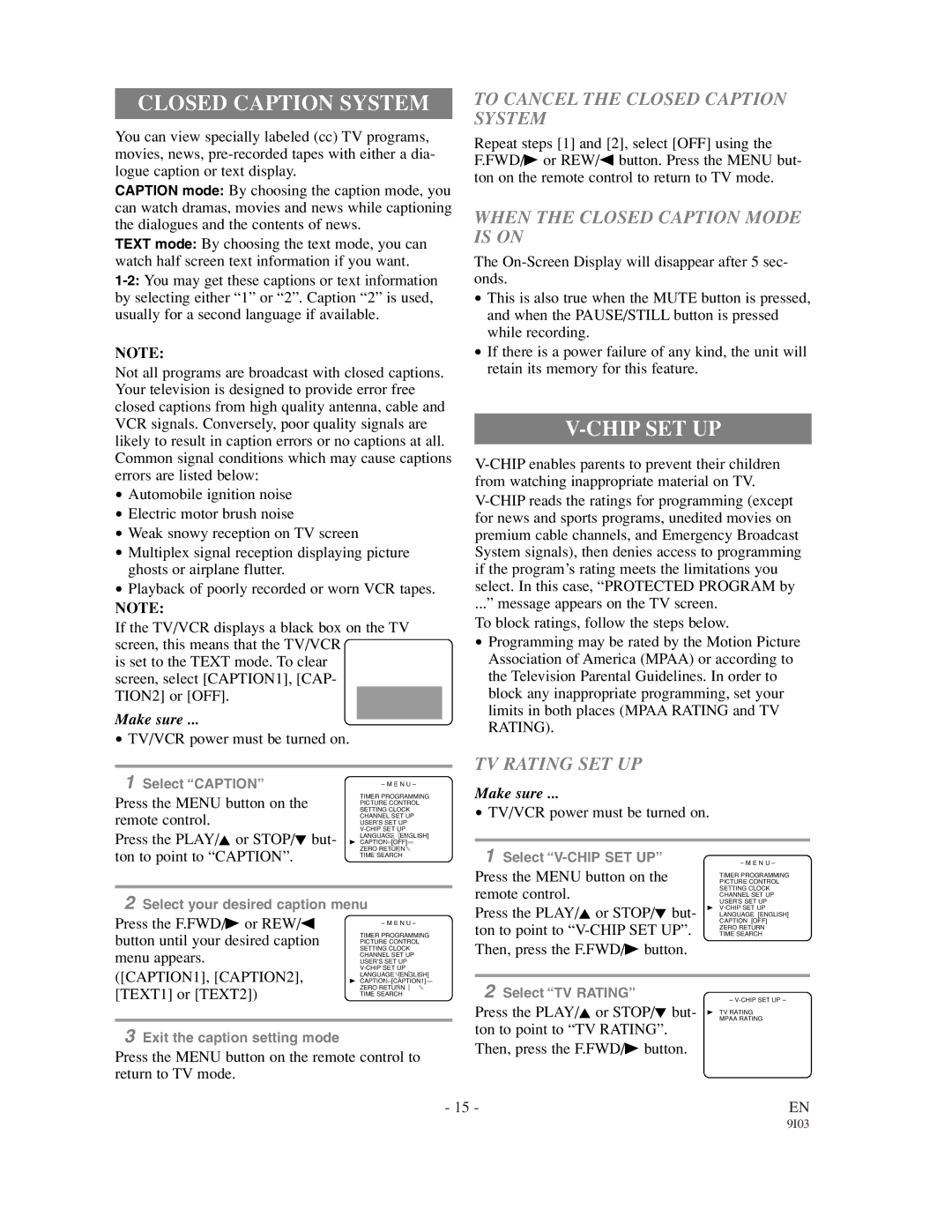 Sylvania 6313CC Chip SET UP, To Cancel the Closed Caption System, When the Closed Caption Mode is on, TV Rating SET UP 