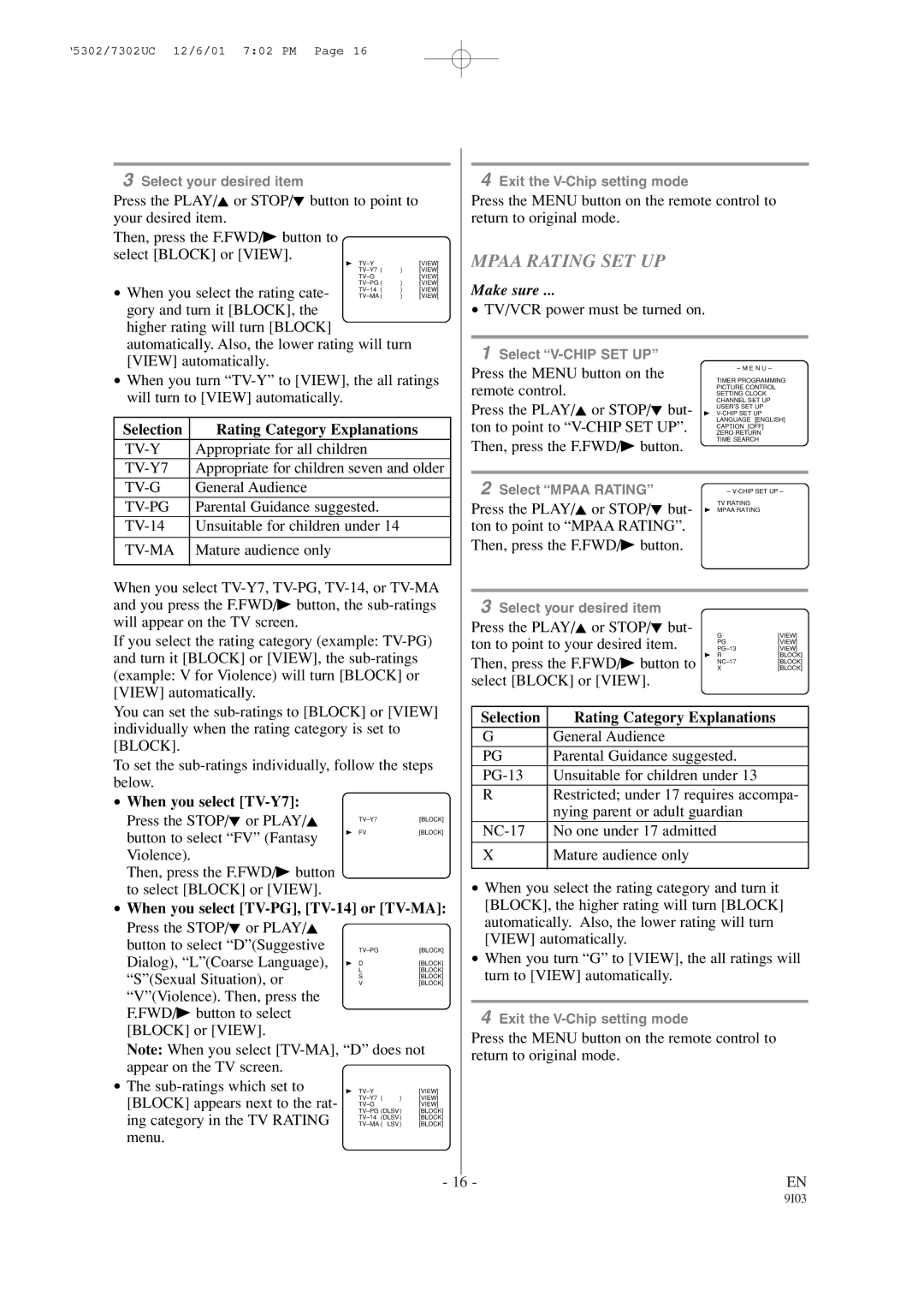 Sylvania 6313CC owner manual Mpaa Rating SET UP, Selection Rating Category Explanations, When you select TV-Y7 