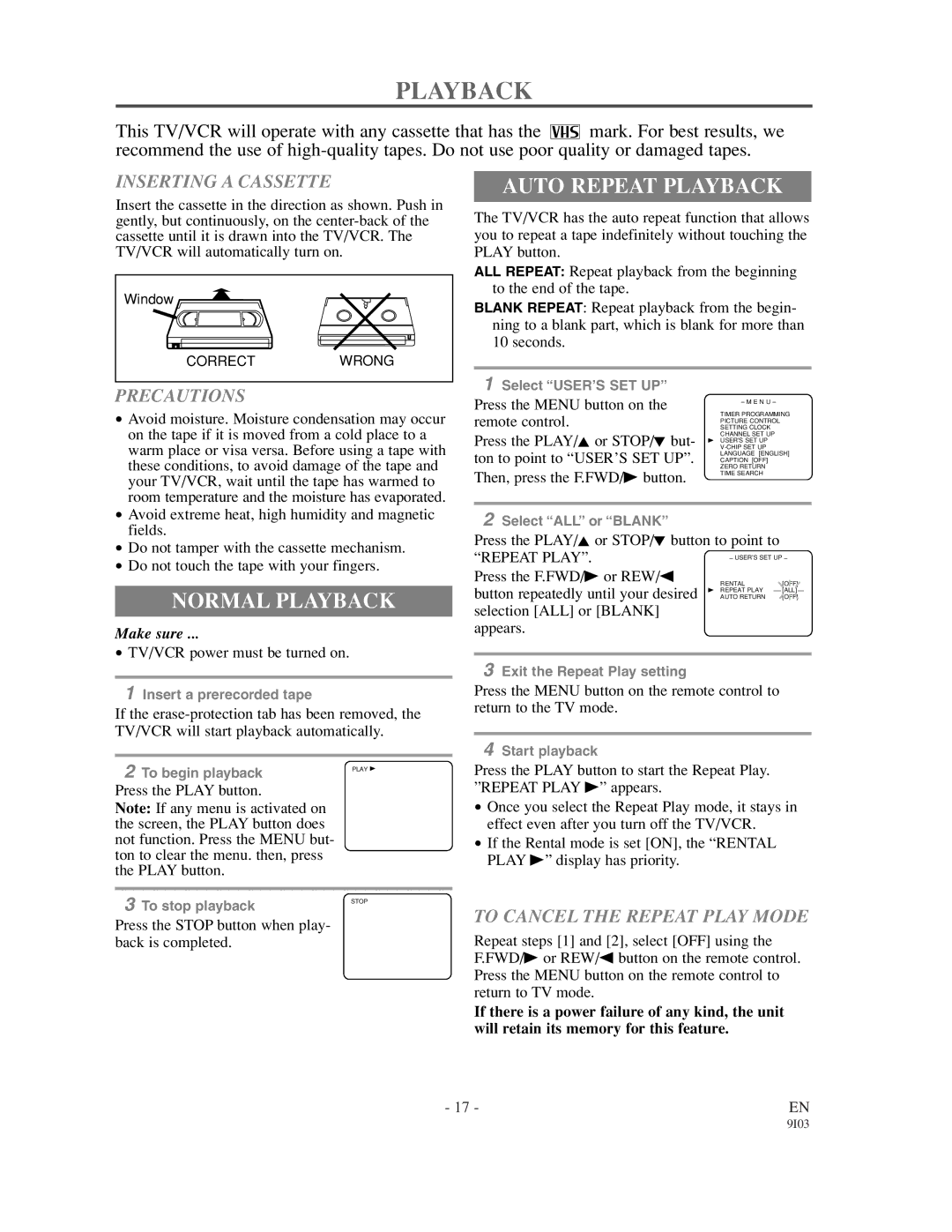 Sylvania 6313CC owner manual Auto Repeat Playback, Normal Playback 