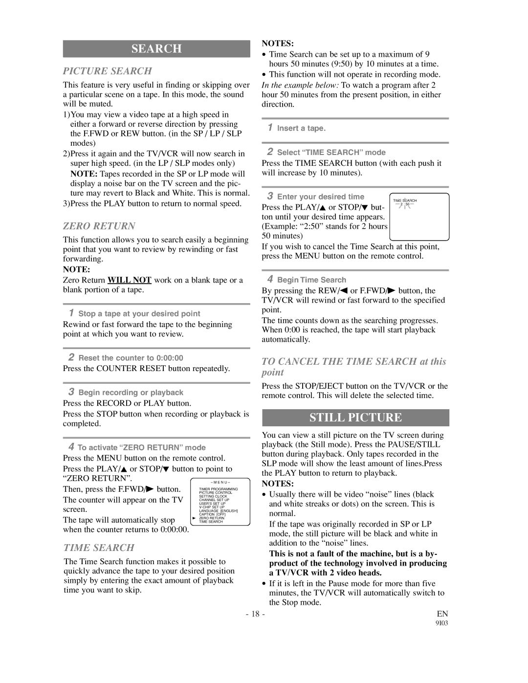 Sylvania 6313CC owner manual Still Picture, Picture Search, Zero Return, Time Search 