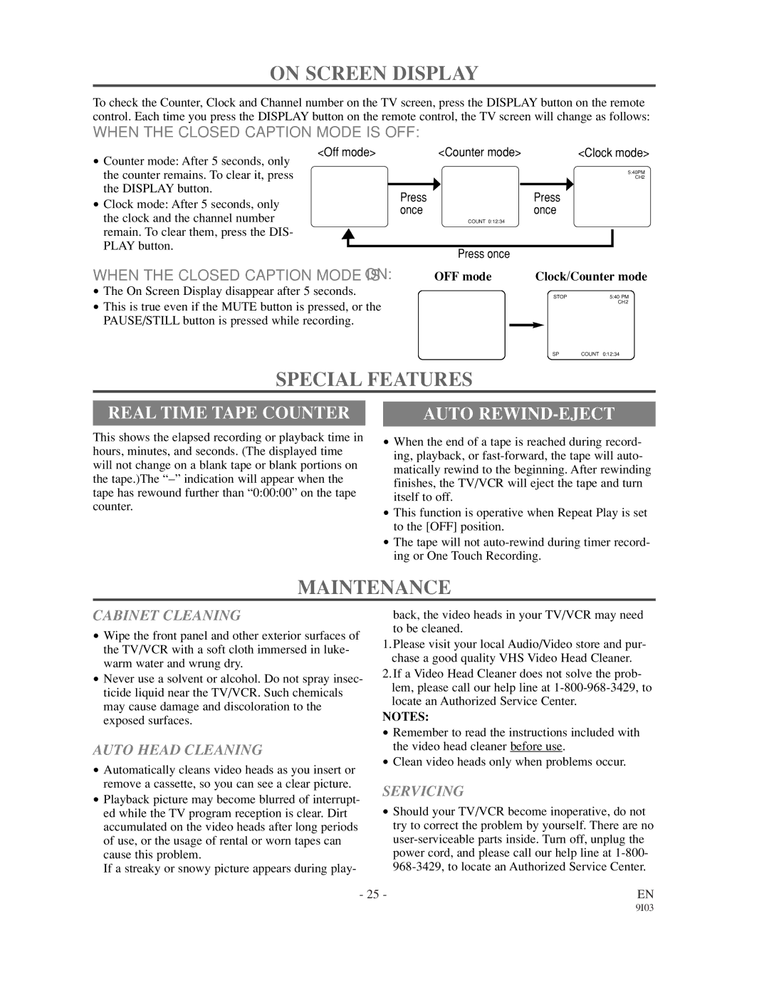 Sylvania 6313CC owner manual On Screen Display, Special Features, Maintenance, Real Time Tape Counter, Auto REWIND-EJECT 