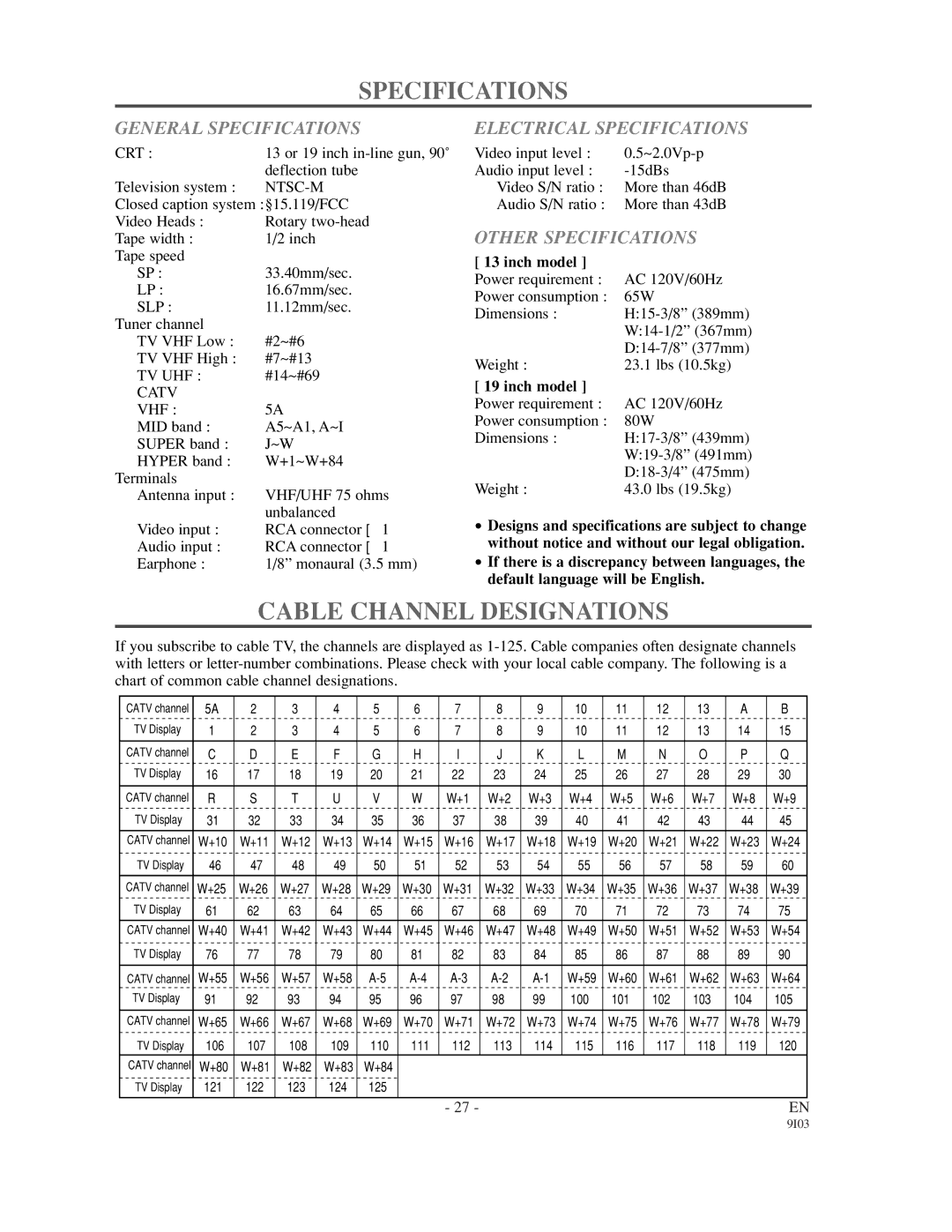 Sylvania 6313CC Cable Channel Designations, General Specifications, Electrical Specifications, Other Specifications 