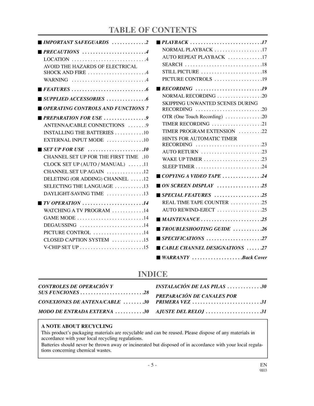 Sylvania 6313CC owner manual Table of Contents, Indice 