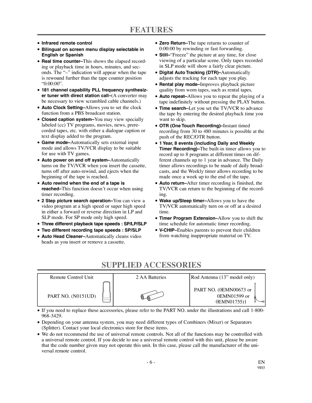 Sylvania 6313CC owner manual Features, Supplied Accessories 