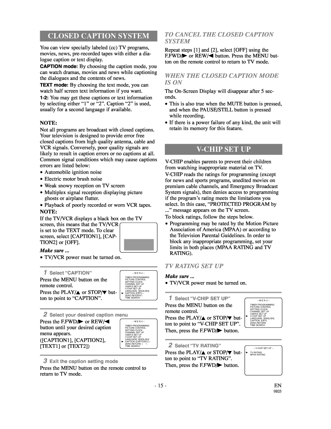 Sylvania 6313CC owner manual V-Chip Set Up, To Cancel The Closed Caption System, When The Closed Caption Mode Is On 