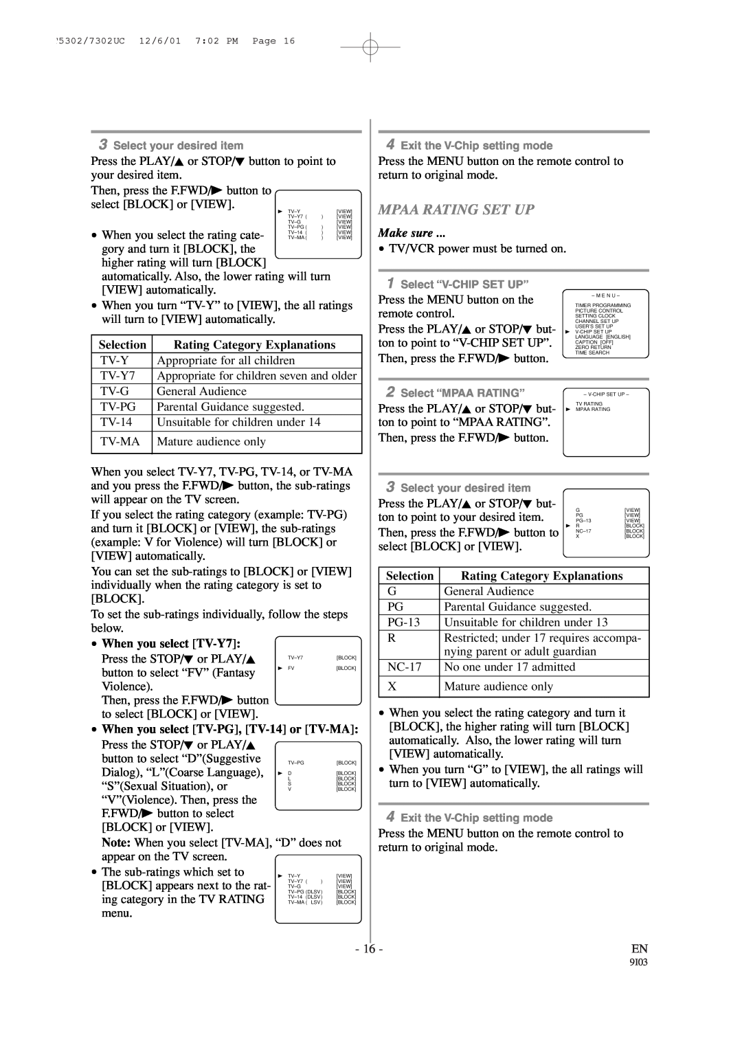 Sylvania 6313CC owner manual Mpaa Rating Set Up, Selection, Rating Category Explanations, When you select TV-Y7 