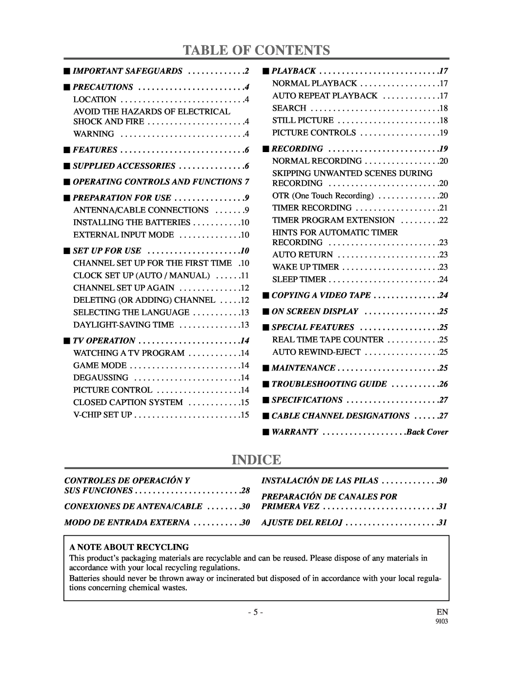 Sylvania 6313CC owner manual Table Of Contents, Indice, A Note About Recycling 