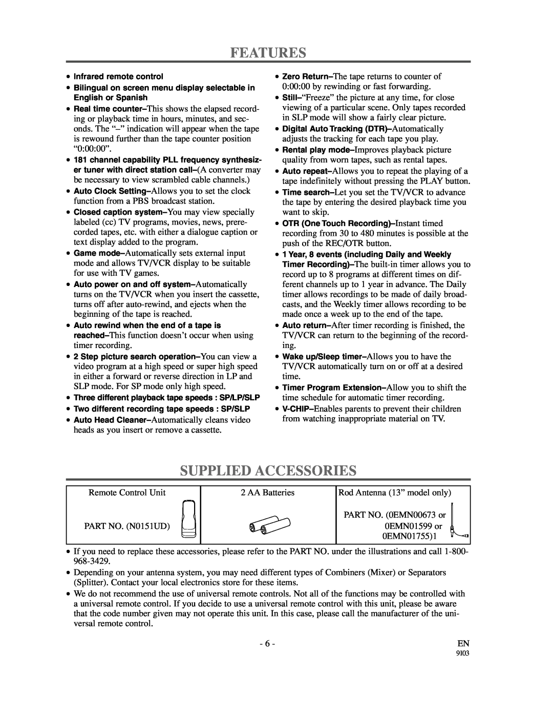 Sylvania 6313CC owner manual Features, Supplied Accessories 