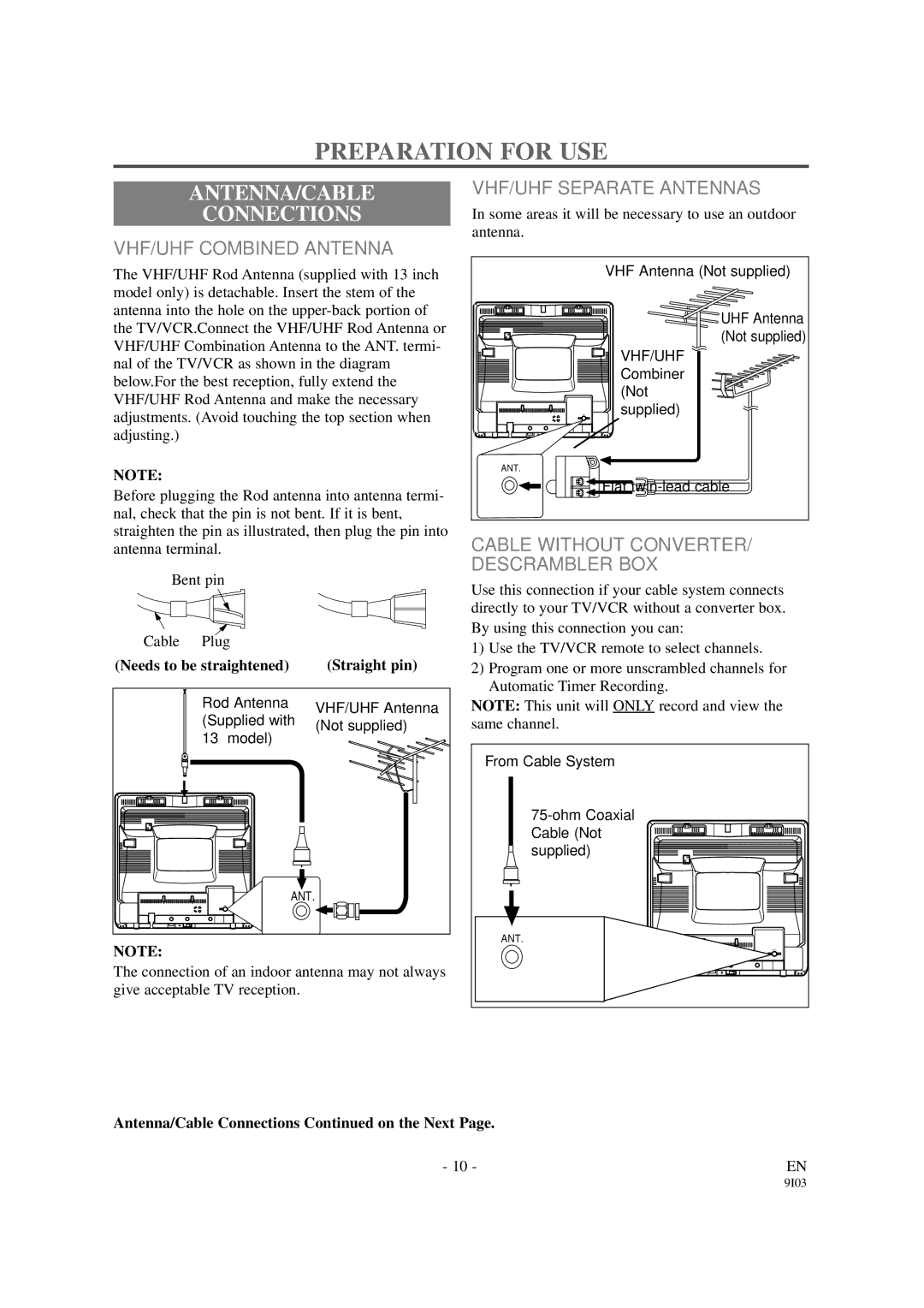 Sylvania 6313CCB Preparation for USE, ANTENNA/CABLE Connections, VHF/UHF Combined Antenna, VHF/UHF Separate Antennas 