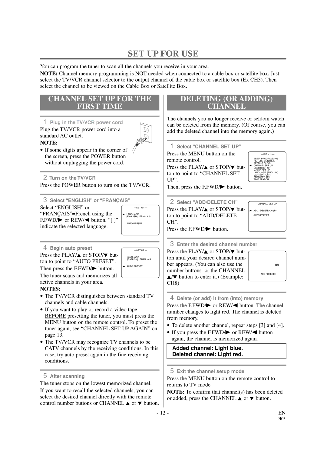 Sylvania 6313CCB, 6319CCB owner manual SET UP for USE, Channel SET UP for First Time, Deleting or Adding Channel 