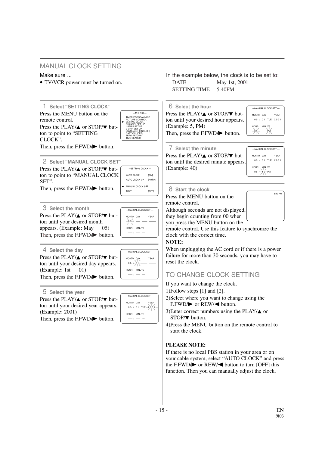 Sylvania 6319CCB, 6313CCB owner manual Manual Clock Setting, To Change Clock Setting, Please Note 