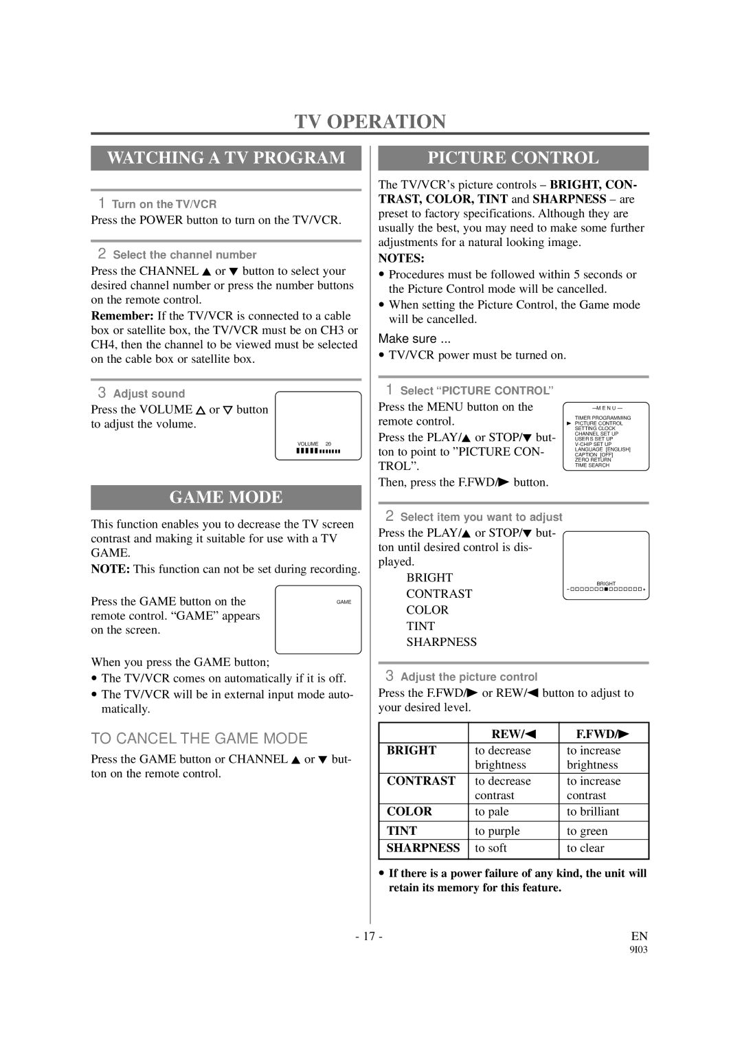 Sylvania 6319CCB, 6313CCB owner manual TV Operation, Watching a TV Program, Picture Control, To Cancel the Game Mode 