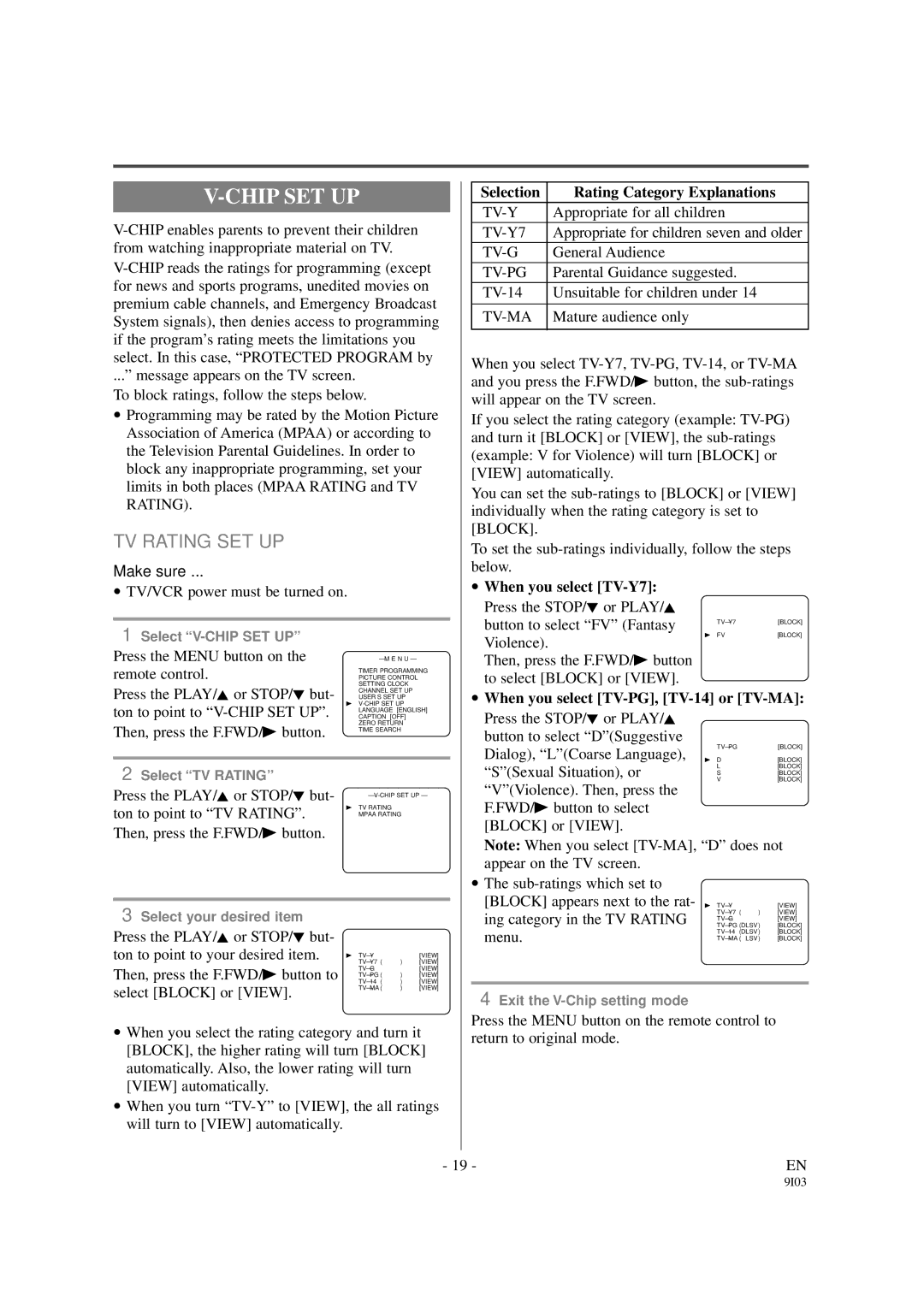 Sylvania 6319CCB, 6313CCB Chip SET UP, TV Rating SET UP, Selection Rating Category Explanations, When you select TV-Y7 