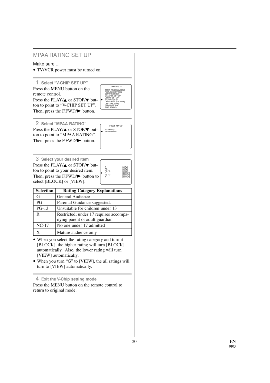 Sylvania 6313CCB, 6319CCB owner manual Mpaa Rating SET UP 