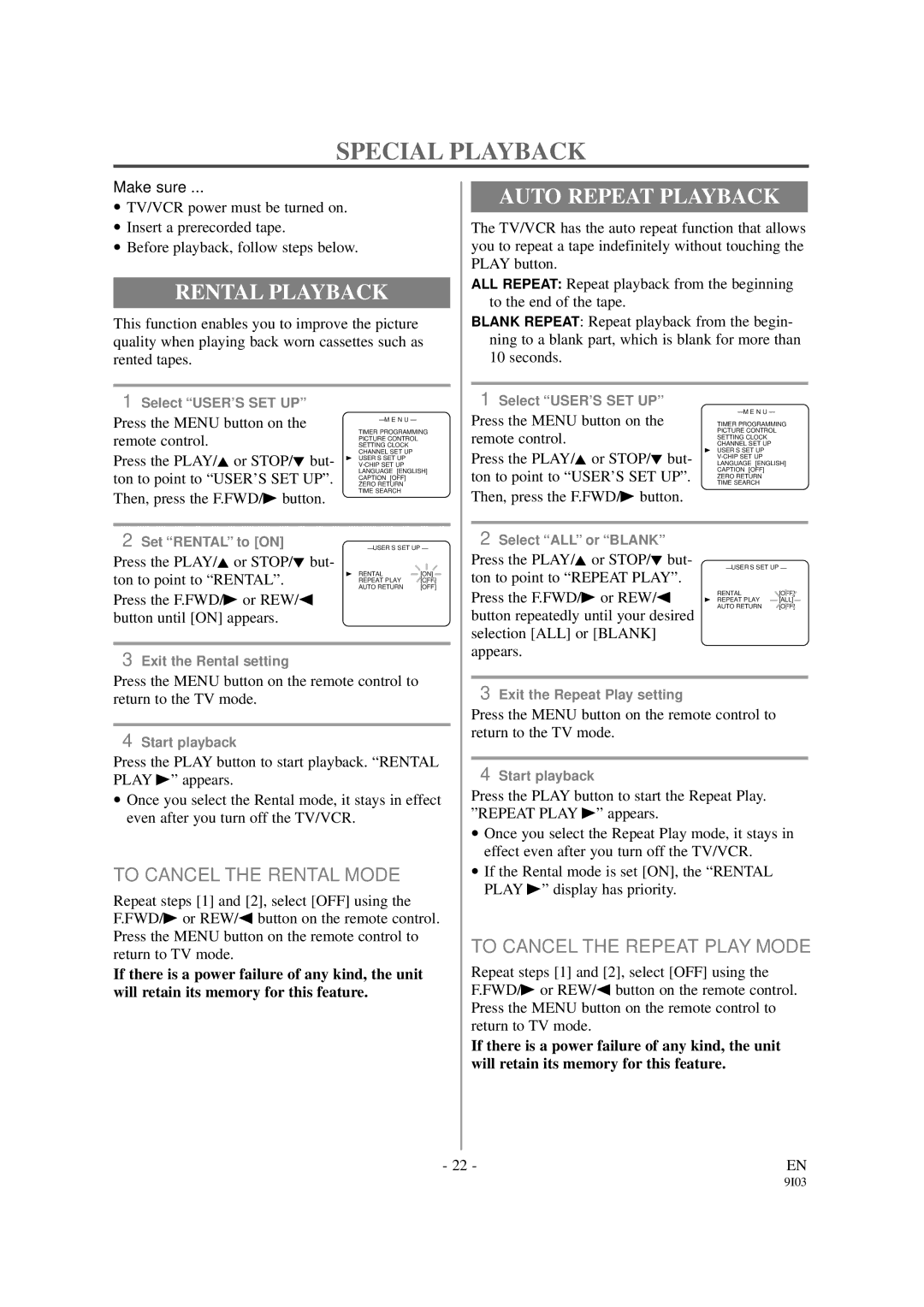 Sylvania 6313CCB, 6319CCB owner manual Special Playback, Rental Playback, Auto Repeat Playback, To Cancel the Rental Mode 