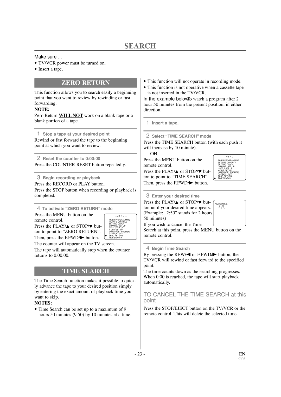 Sylvania 6319CCB, 6313CCB owner manual Zero Return, Time Search 