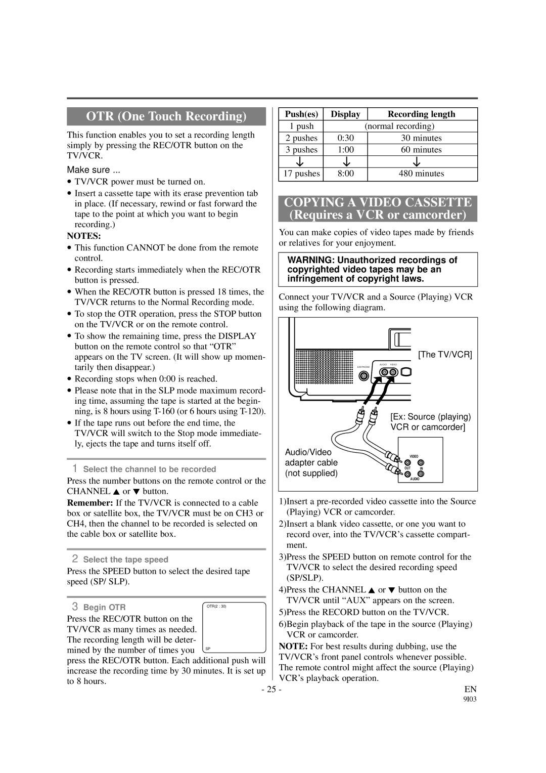 Sylvania 6319CCB, 6313CCB owner manual Copying a Video Cassette, Pushes Display Recording length, Tv/Vcr, Sp/Slp 