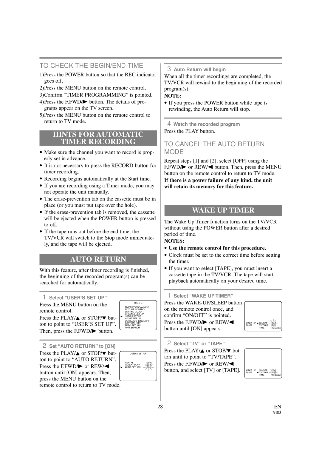 Sylvania 6313CCB, 6319CCB Hints for Automatic Timer Recording, Auto Return, Wake UP Timer, To Check the BEGIN/END Time 