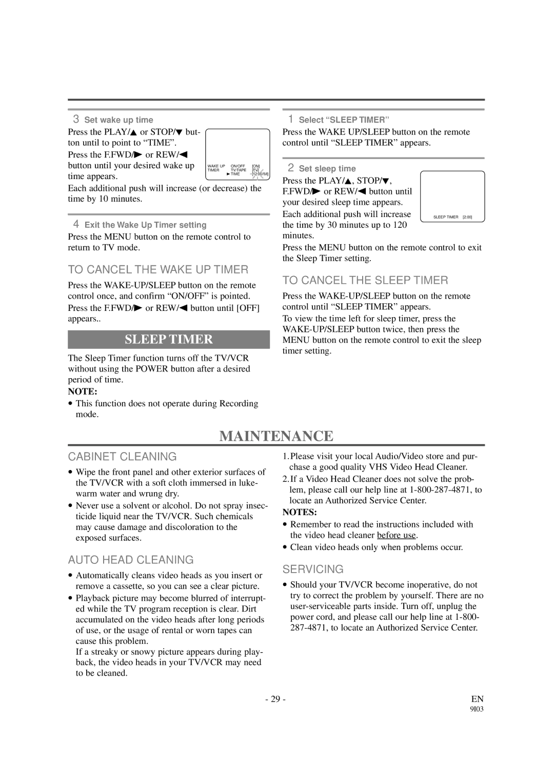 Sylvania 6319CCB, 6313CCB owner manual Maintenance, Sleep Timer 